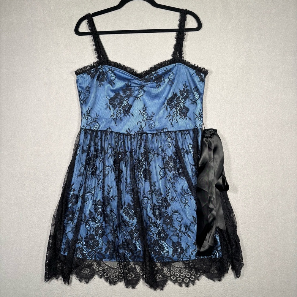 Dolls Kill Blue Satin & Black Lace Chemise